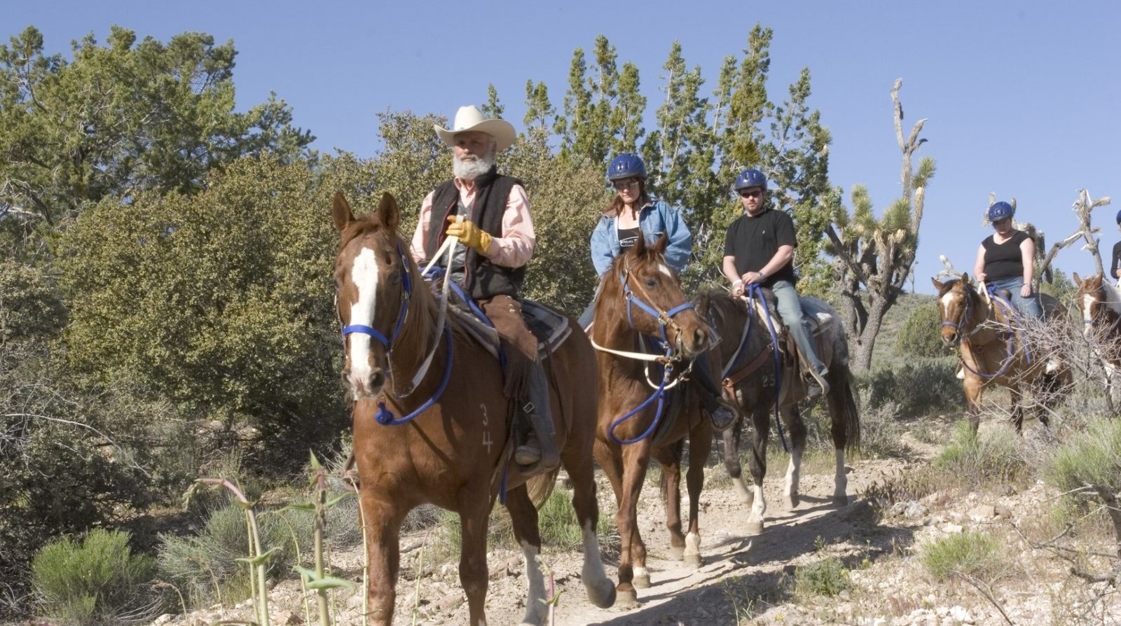 Riders on horseback following a wrangler along a desert trail below the cliffs